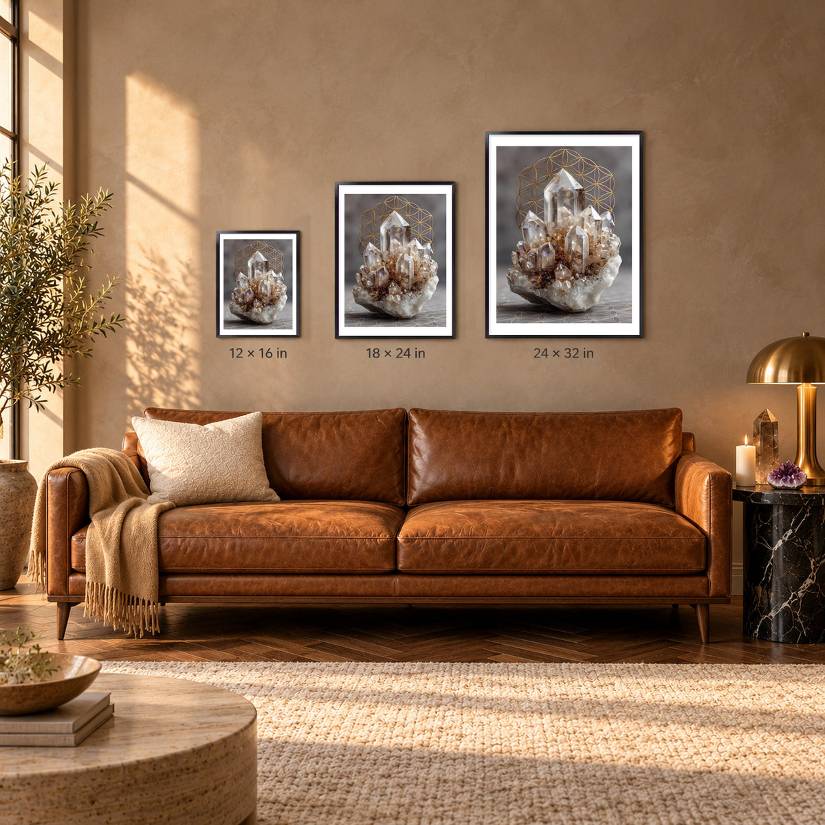 Clear Quartz print shown at 12x16, 18x24 and 24x32 inches in black frames above a sofa