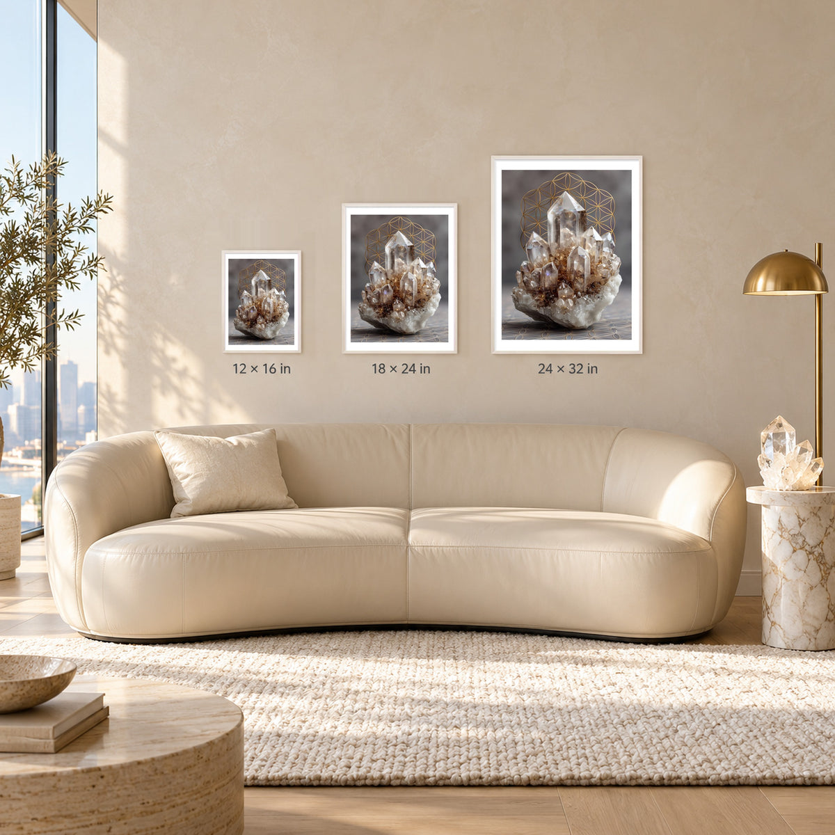 Clear Quartz print shown at 12x16, 18x24 and 24x32 inches in white frames above a sofa