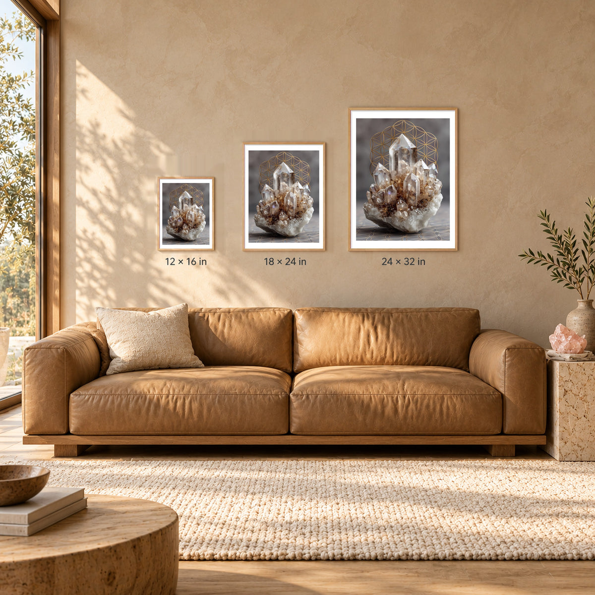 Clear Quartz print shown at 12x16, 18x24 and 24x32 inches in wood frames above a sofa