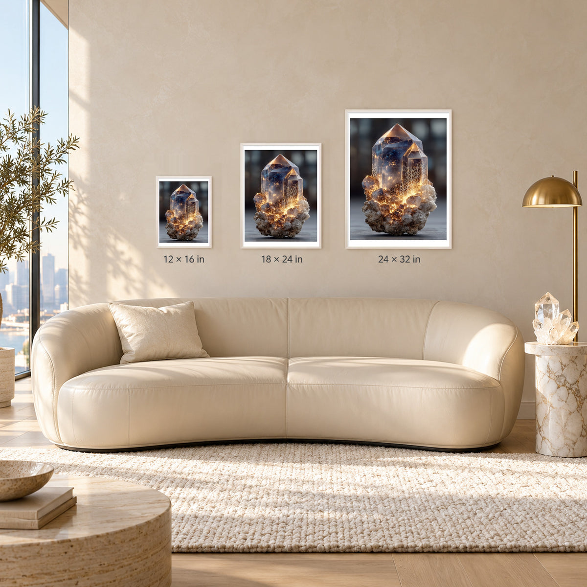 Glowing Quartz print shown at 12x16, 18x24 and 24x32 inches in white frames above a sofa