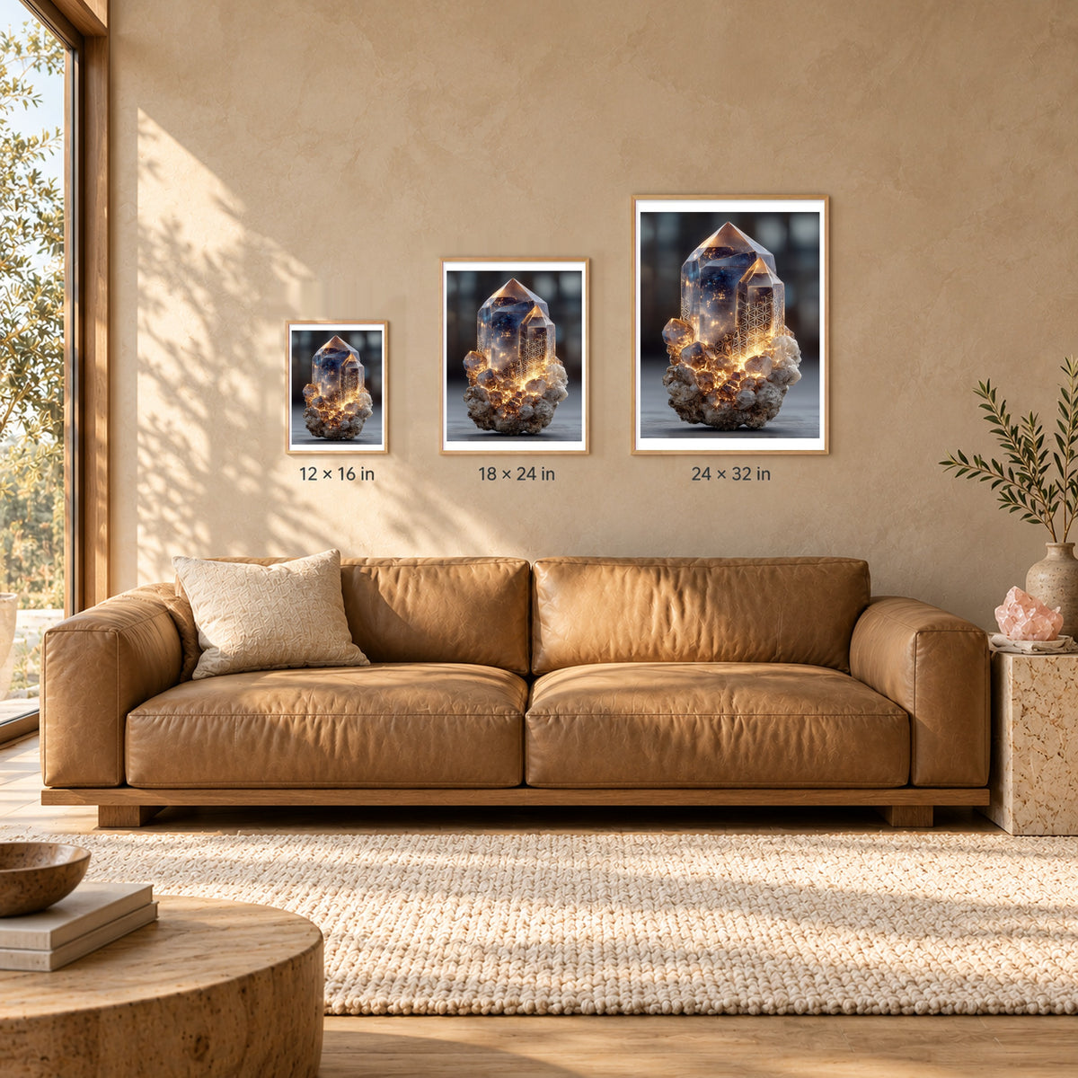 Glowing Quartz print shown at 12x16, 18x24 and 24x32 inches in wood frames above a sofa