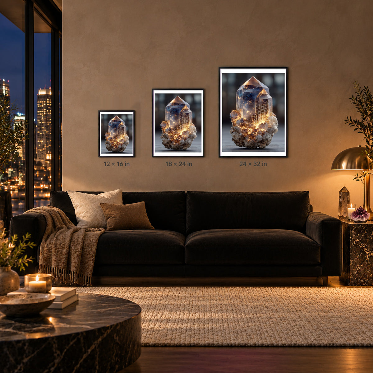 Glowing Quartz print shown at 12x16, 18x24 and 24x32 inches in black frames above a sofa