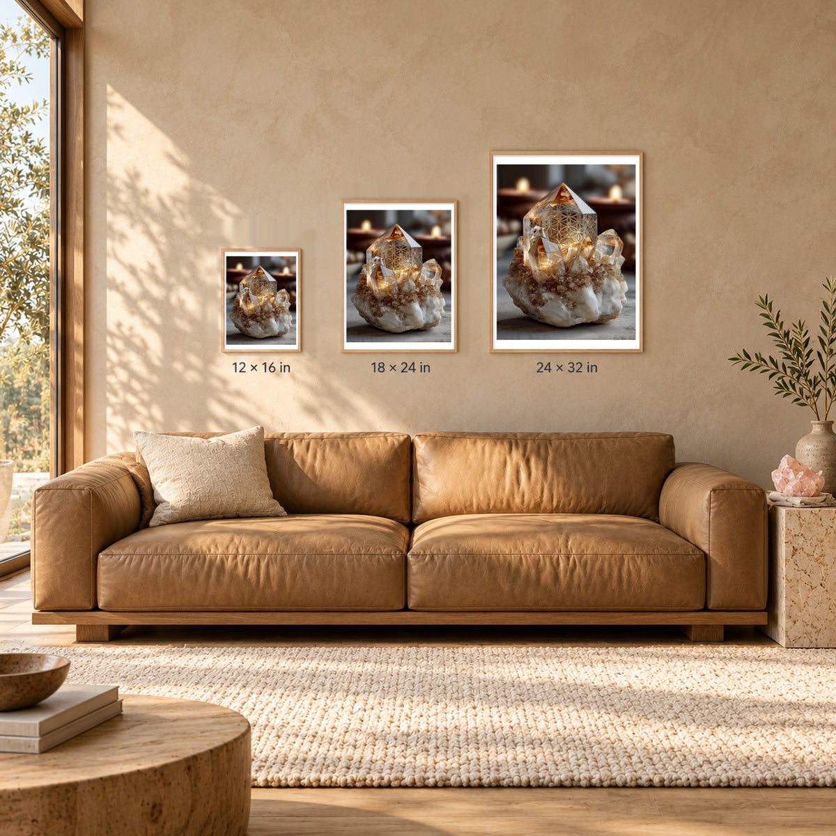 Candlelit Quartz print shown at 12x16, 18x24 and 24x32 inches in wood frames above a sofa