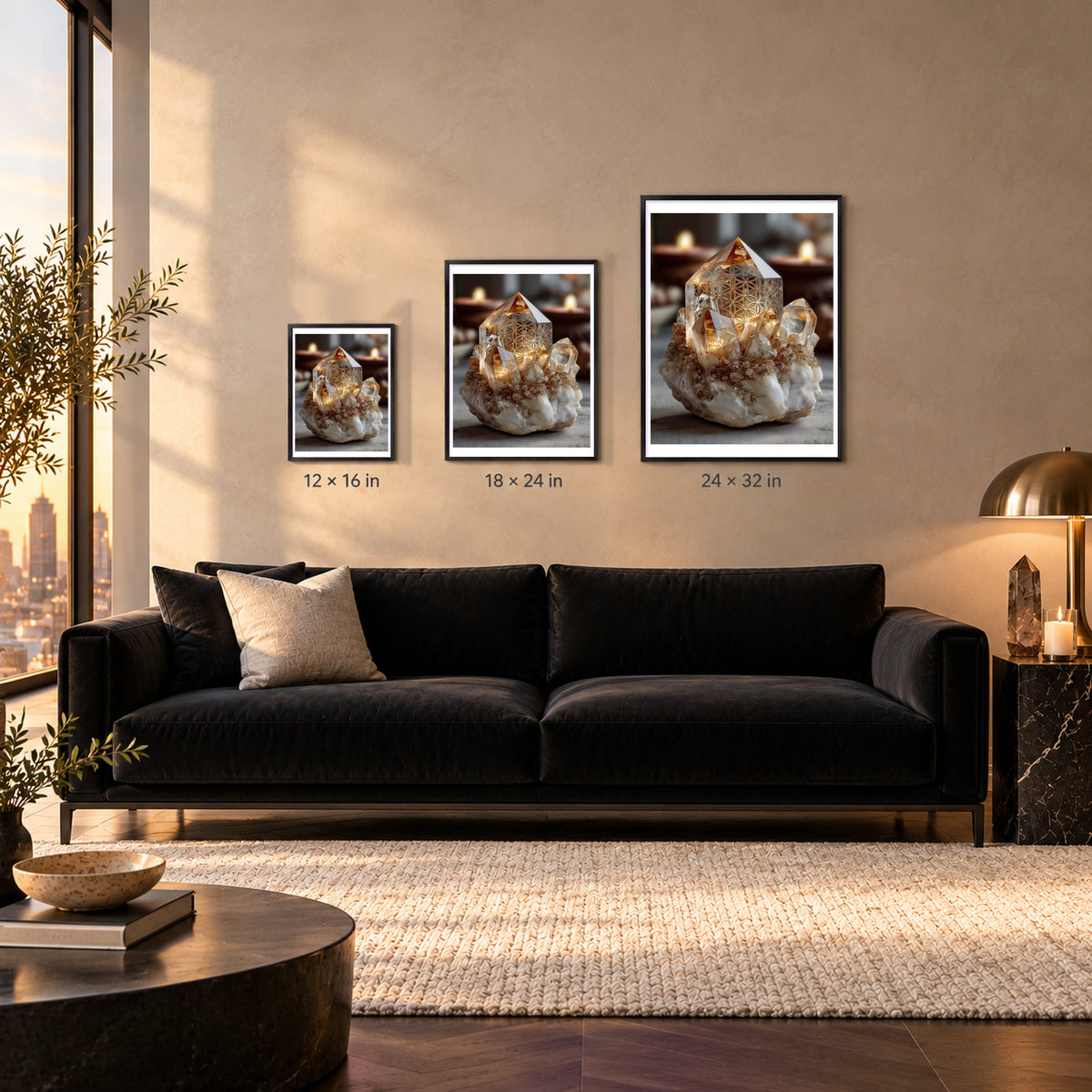 Candlelit Quartz print shown at 12x16, 18x24 and 24x32 inches in black frames above a sofa