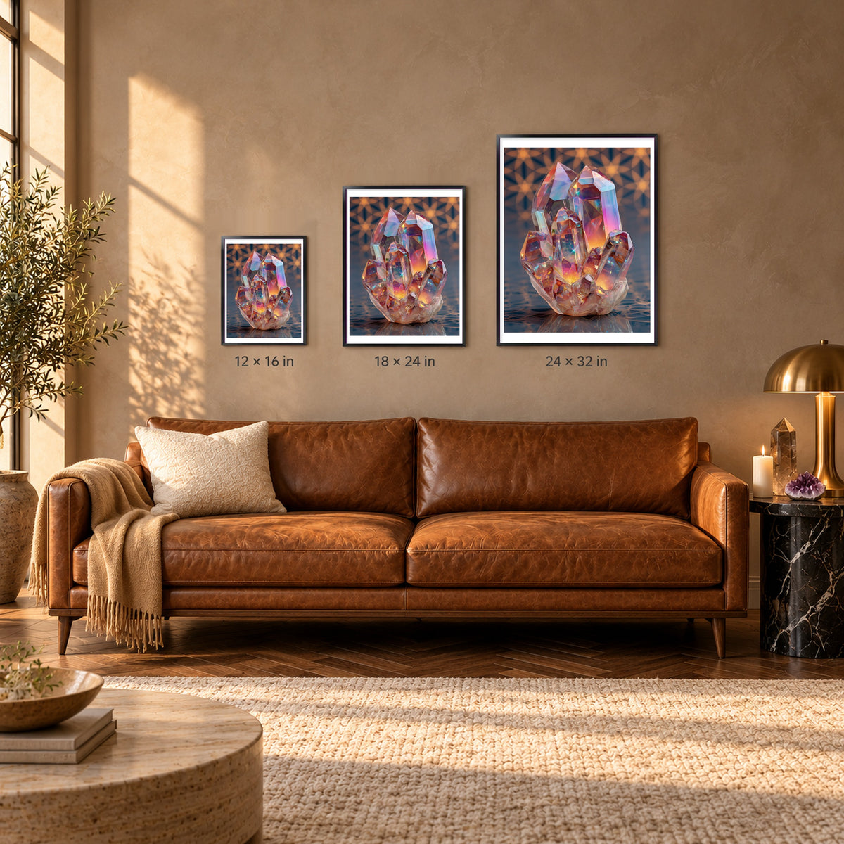 Rainbow Crystal print shown at 12x16, 18x24 and 24x32 inches in black frames above a sofa