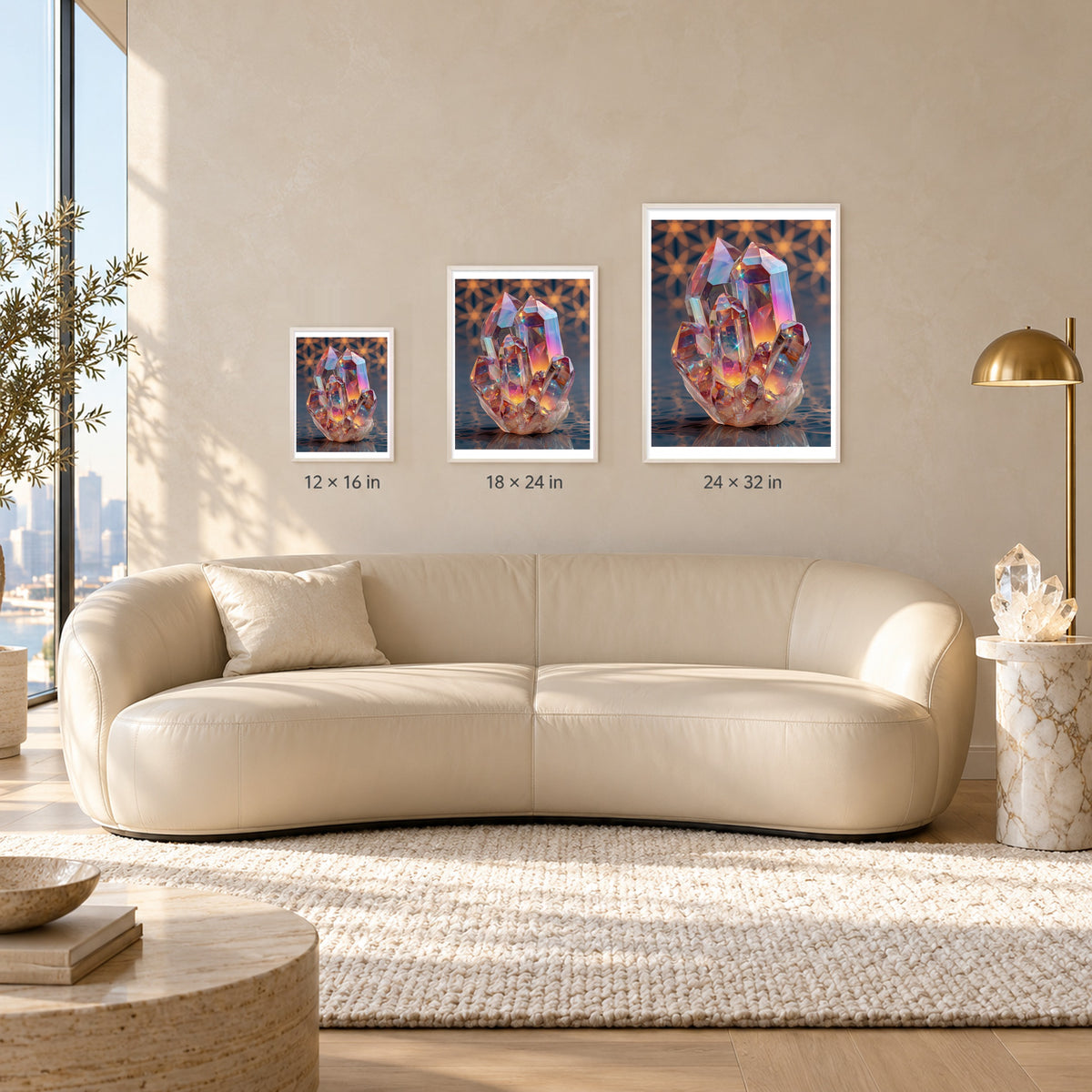 Rainbow Crystal print shown at 12x16, 18x24 and 24x32 inches in white frames above a sofa