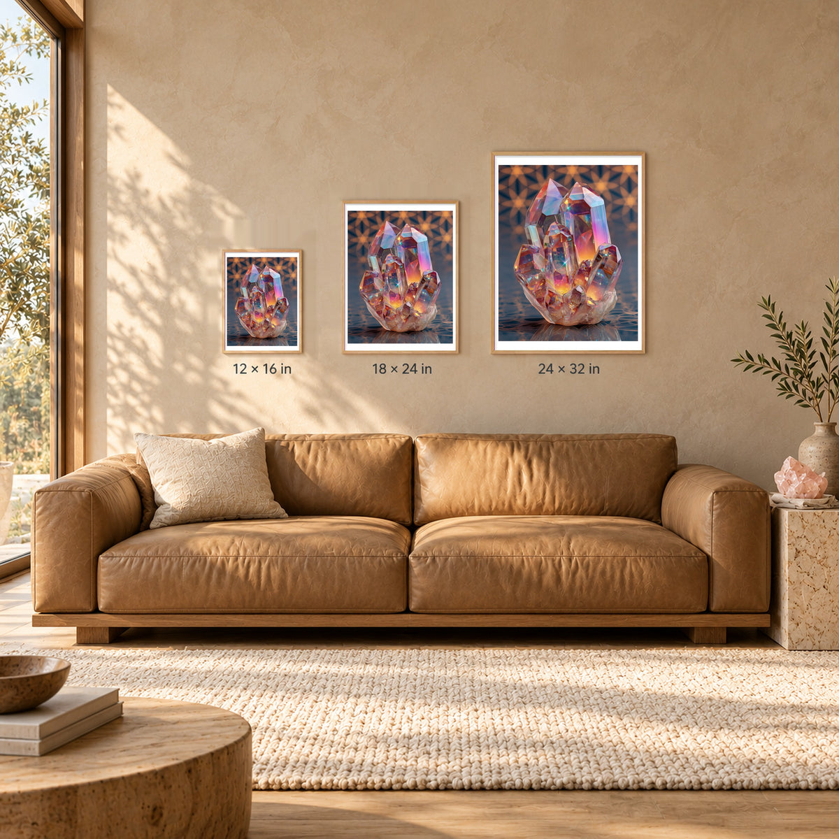Rainbow Crystal print shown at 12x16, 18x24 and 24x32 inches in wood frames above a sofa