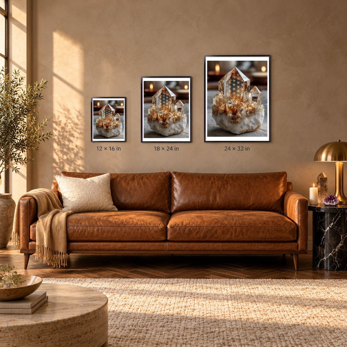Golden Quartz print shown at 12x16, 18x24 and 24x32 inches in black frames above a sofa