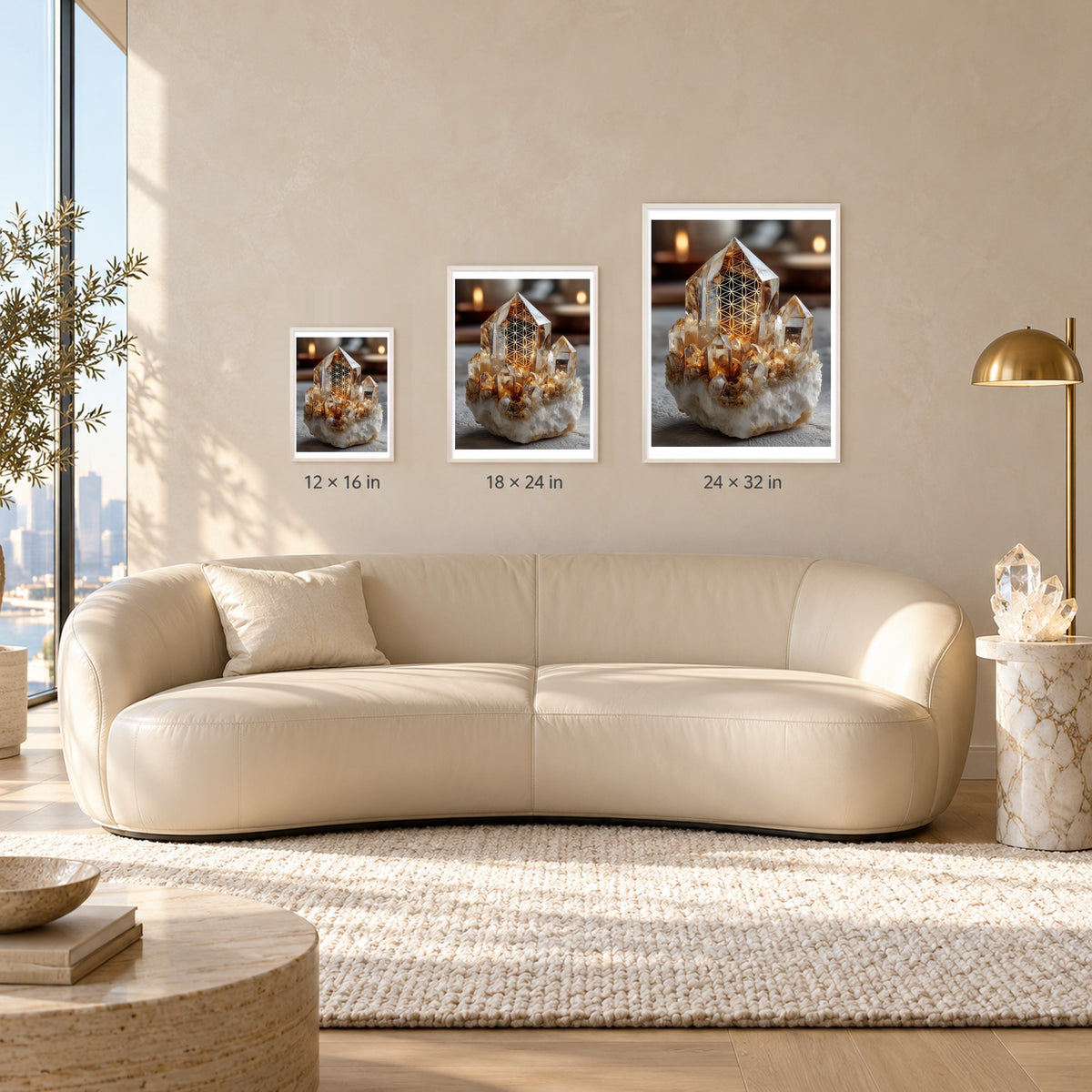 Golden Quartz print shown at 12x16, 18x24 and 24x32 inches in white frames above a sofa