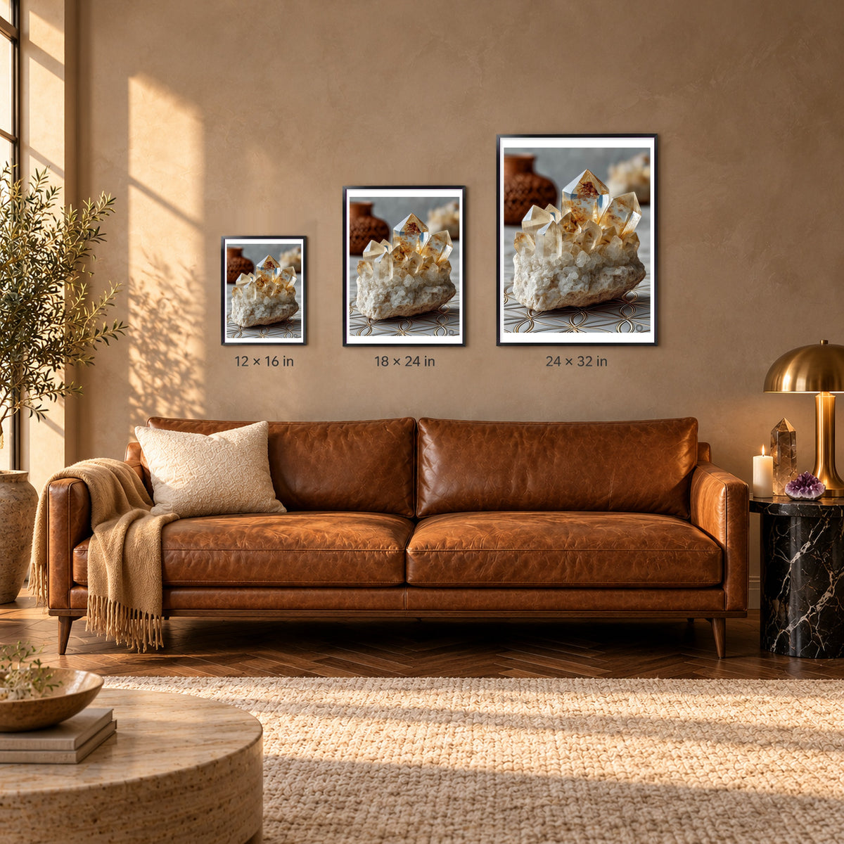 Natural Quartz print shown at 12x16, 18x24 and 24x32 inches in black frames above a sofa