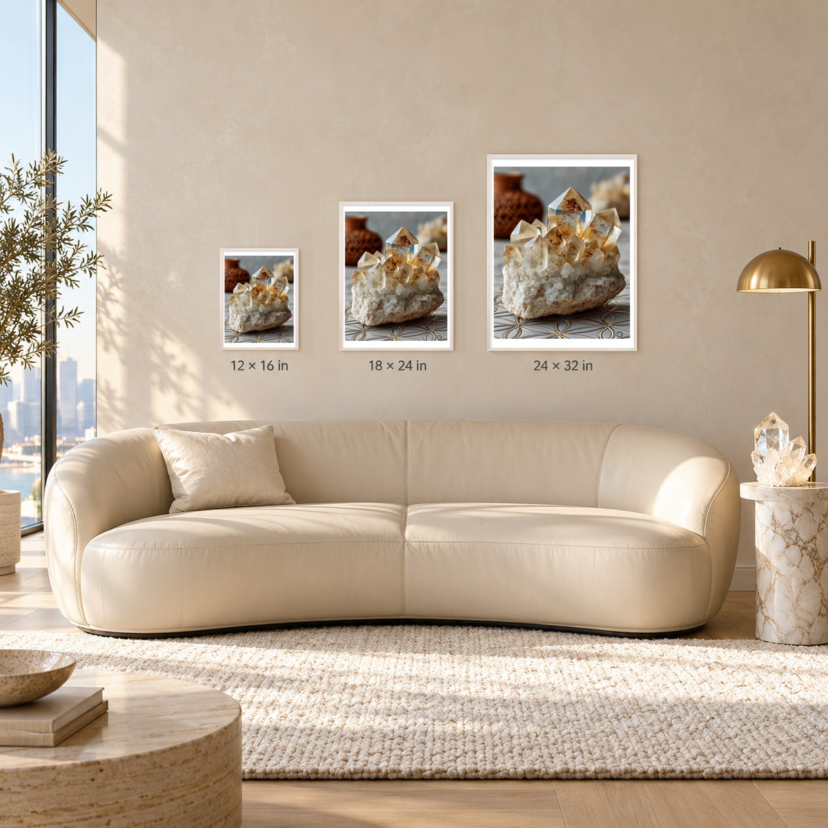 Natural Quartz print shown at 12x16, 18x24 and 24x32 inches in white frames above a sofa