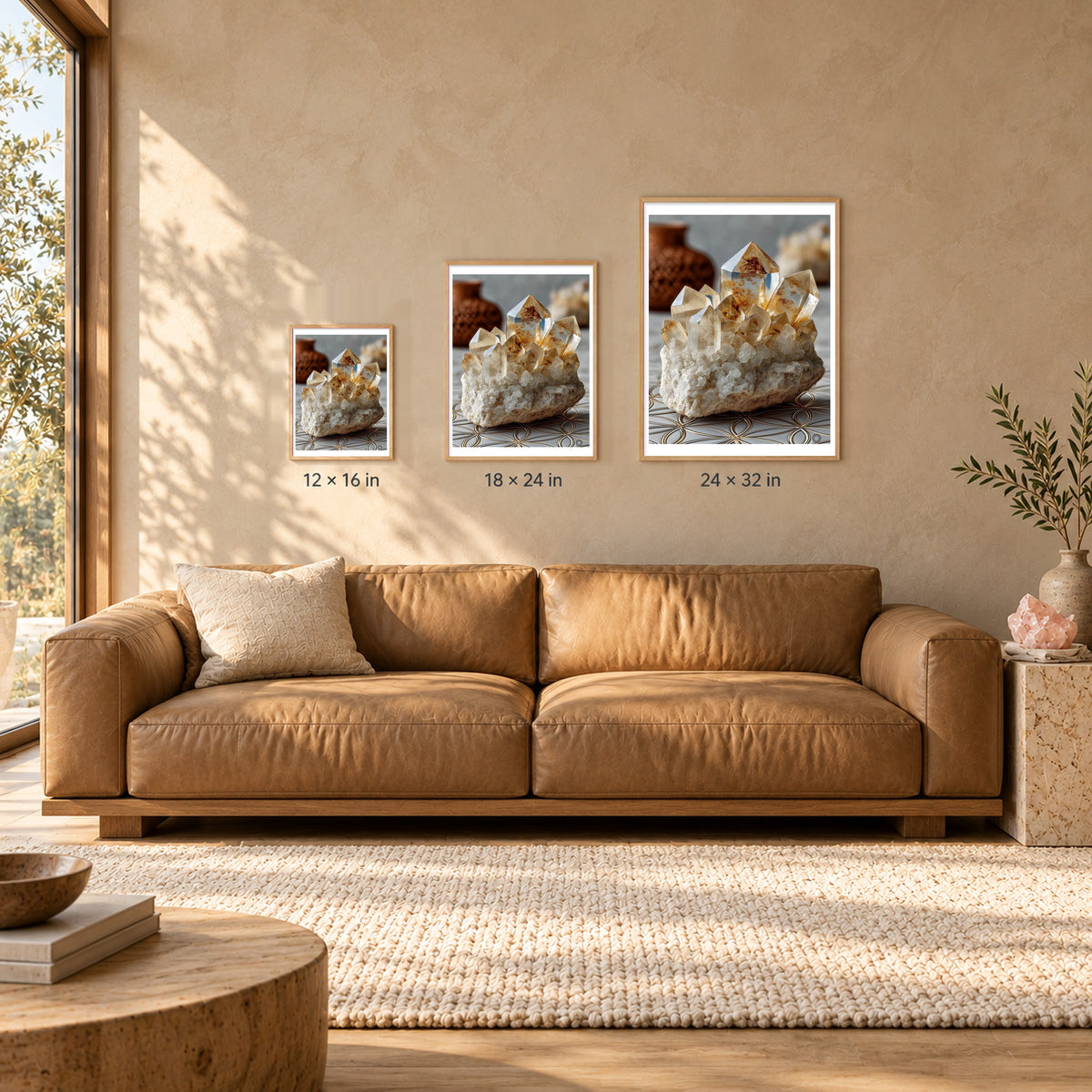 Natural Quartz print shown at 12x16, 18x24 and 24x32 inches in wood frames above a sofa