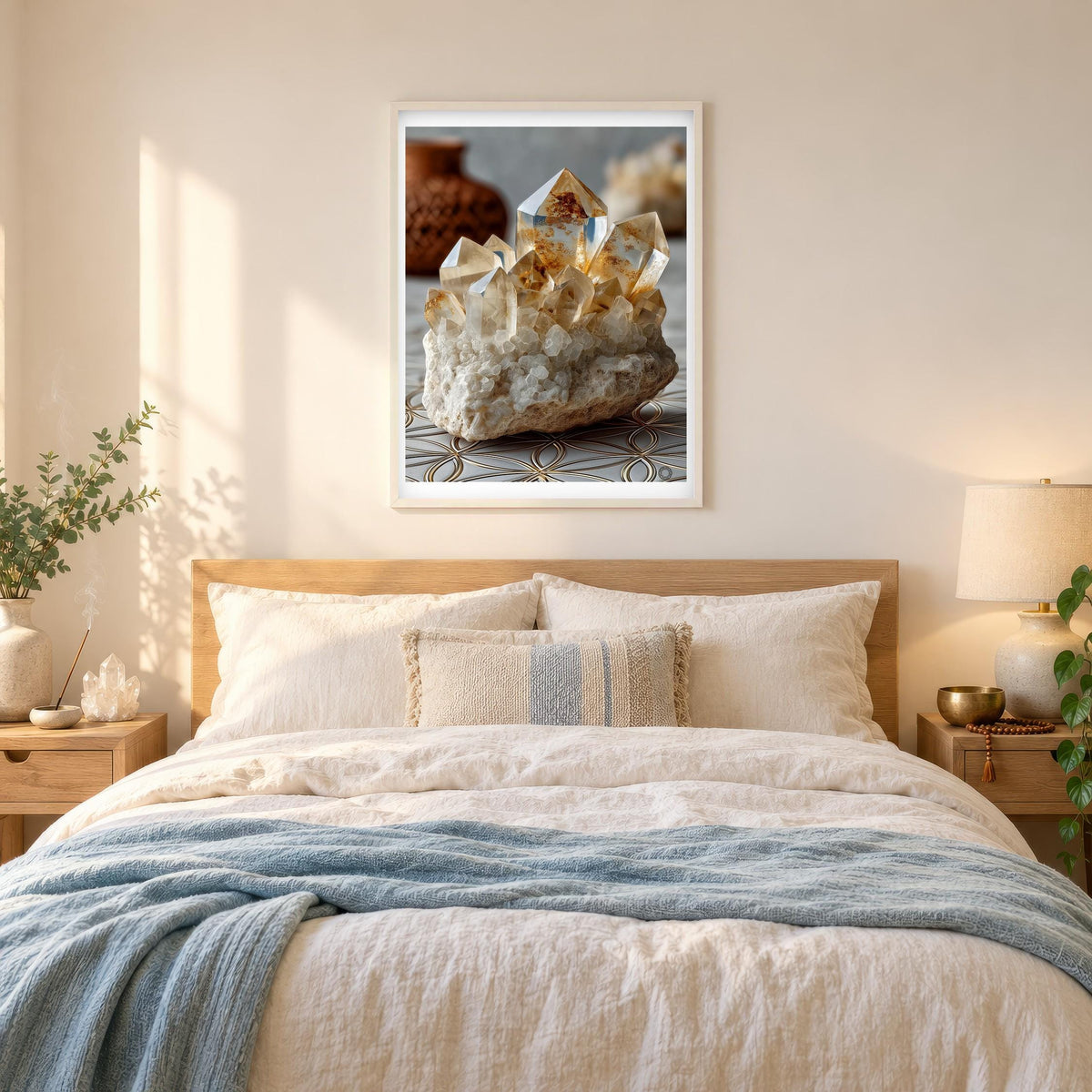 Natural Quartz print framed in a linen bedroom