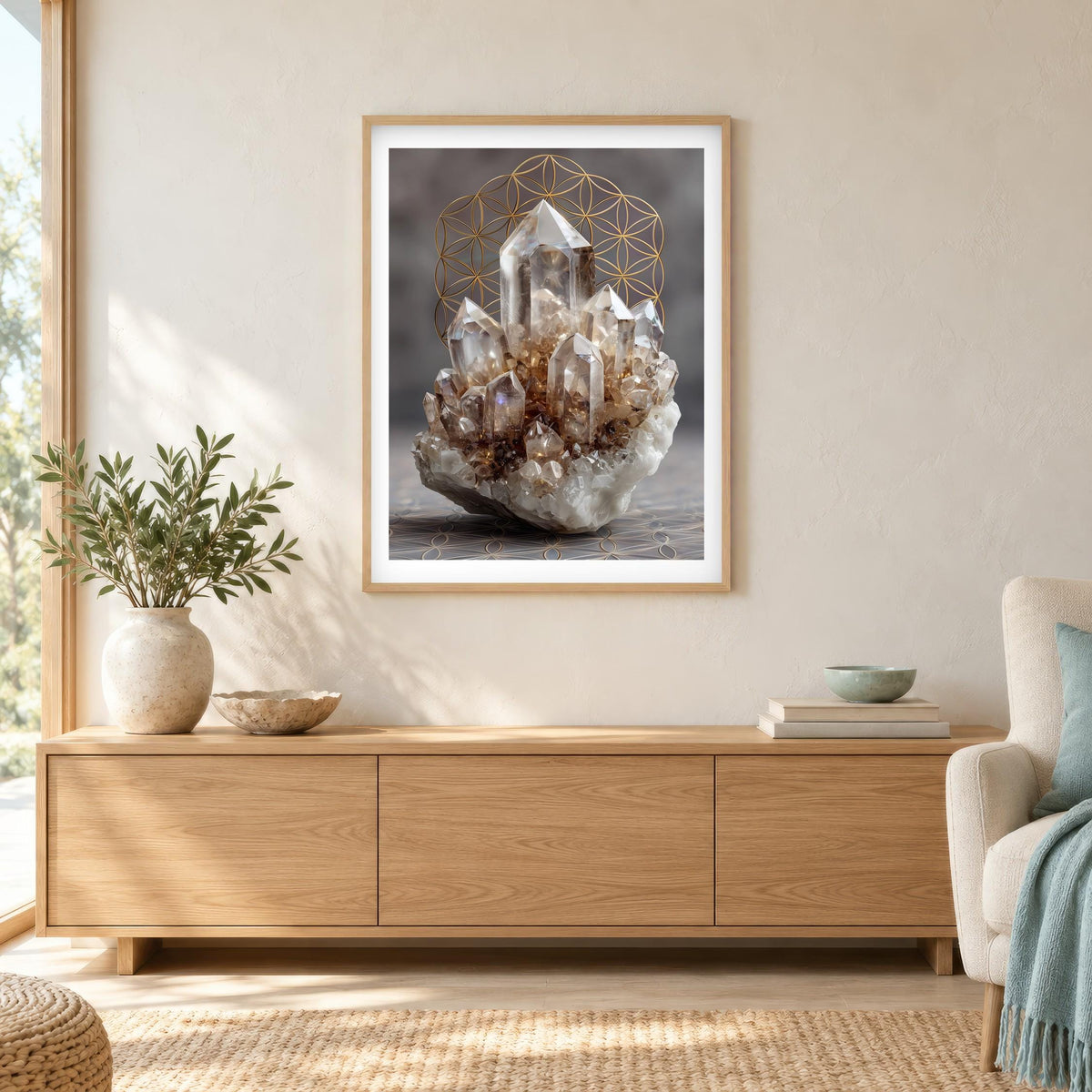 Clear Quartz print in a natural wood frame