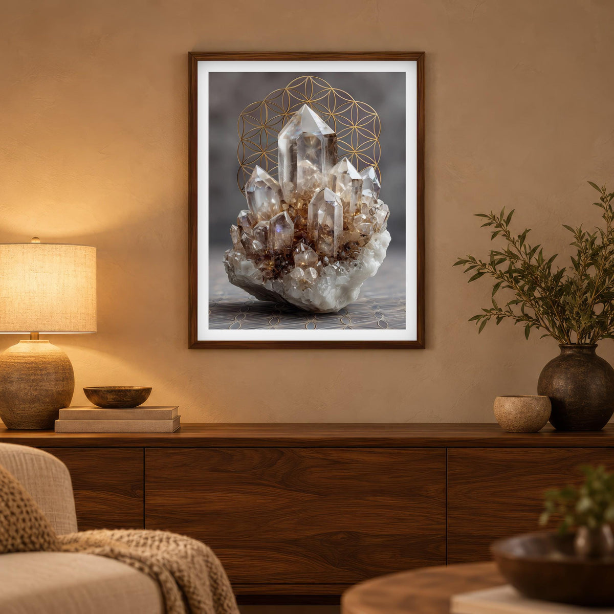 Clear Quartz print in a dark wood frame