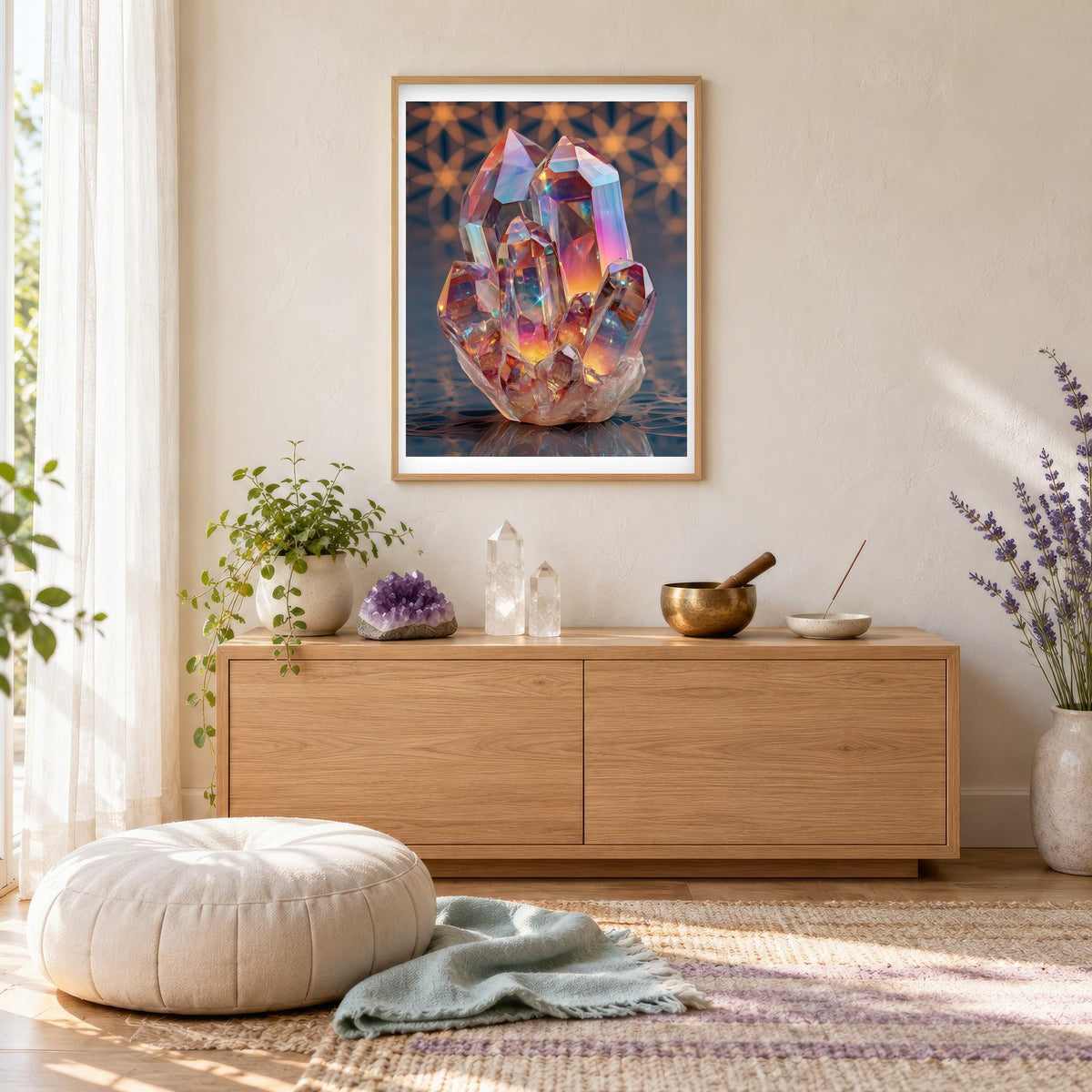 Rainbow Crystal print framed in a meditation room