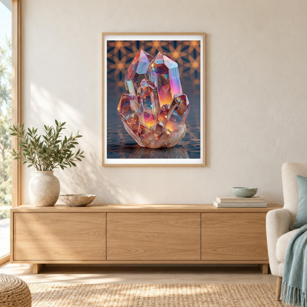 Rainbow Crystal print in a natural wood frame