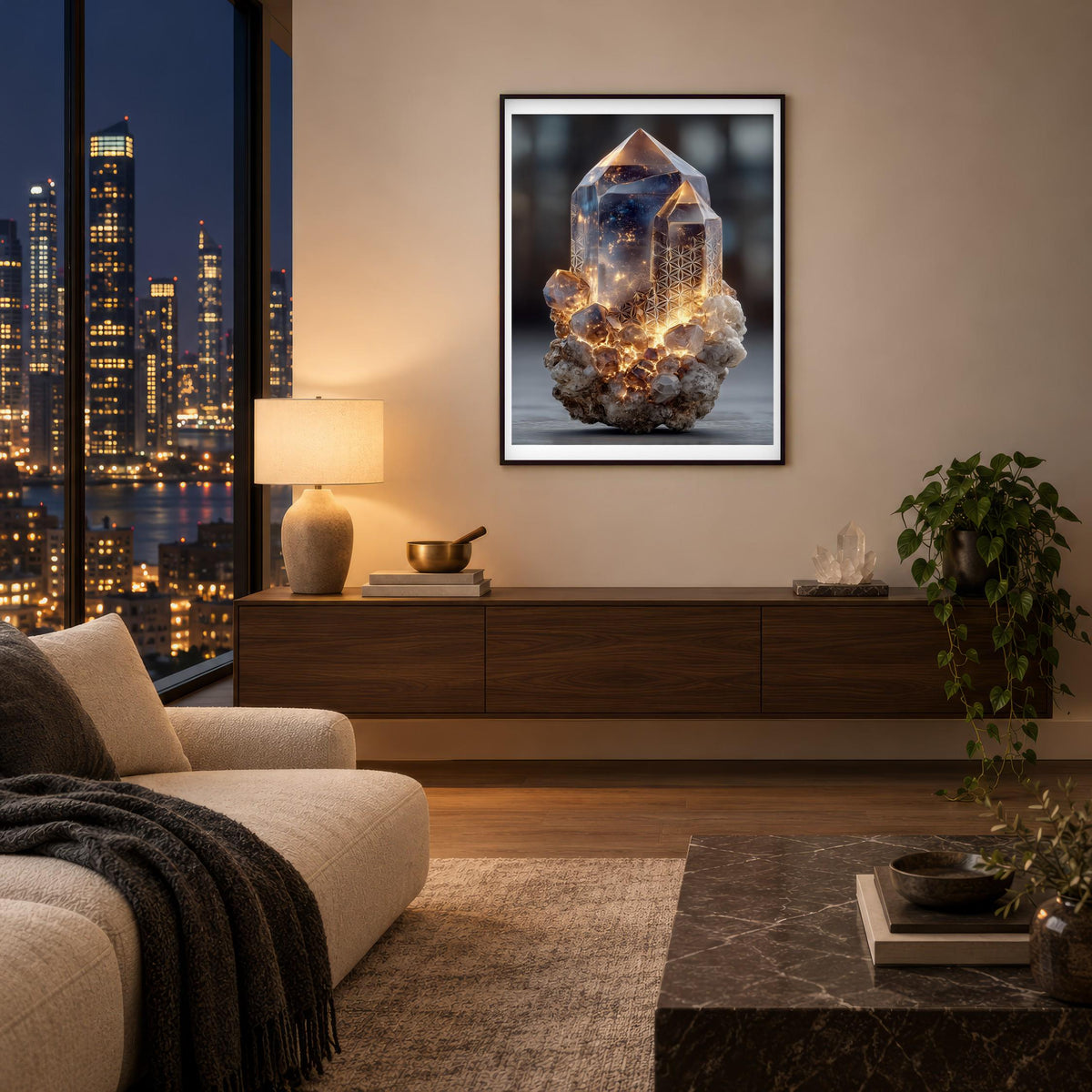 Glowing Quartz print framed in a city apartment at night