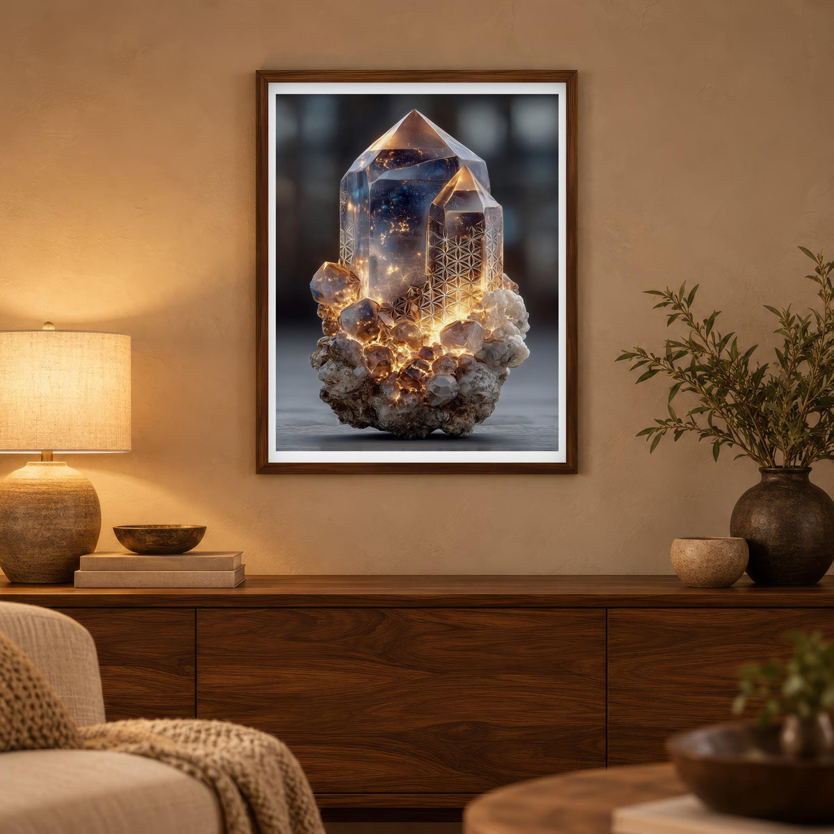 Glowing Quartz print in a dark wood frame