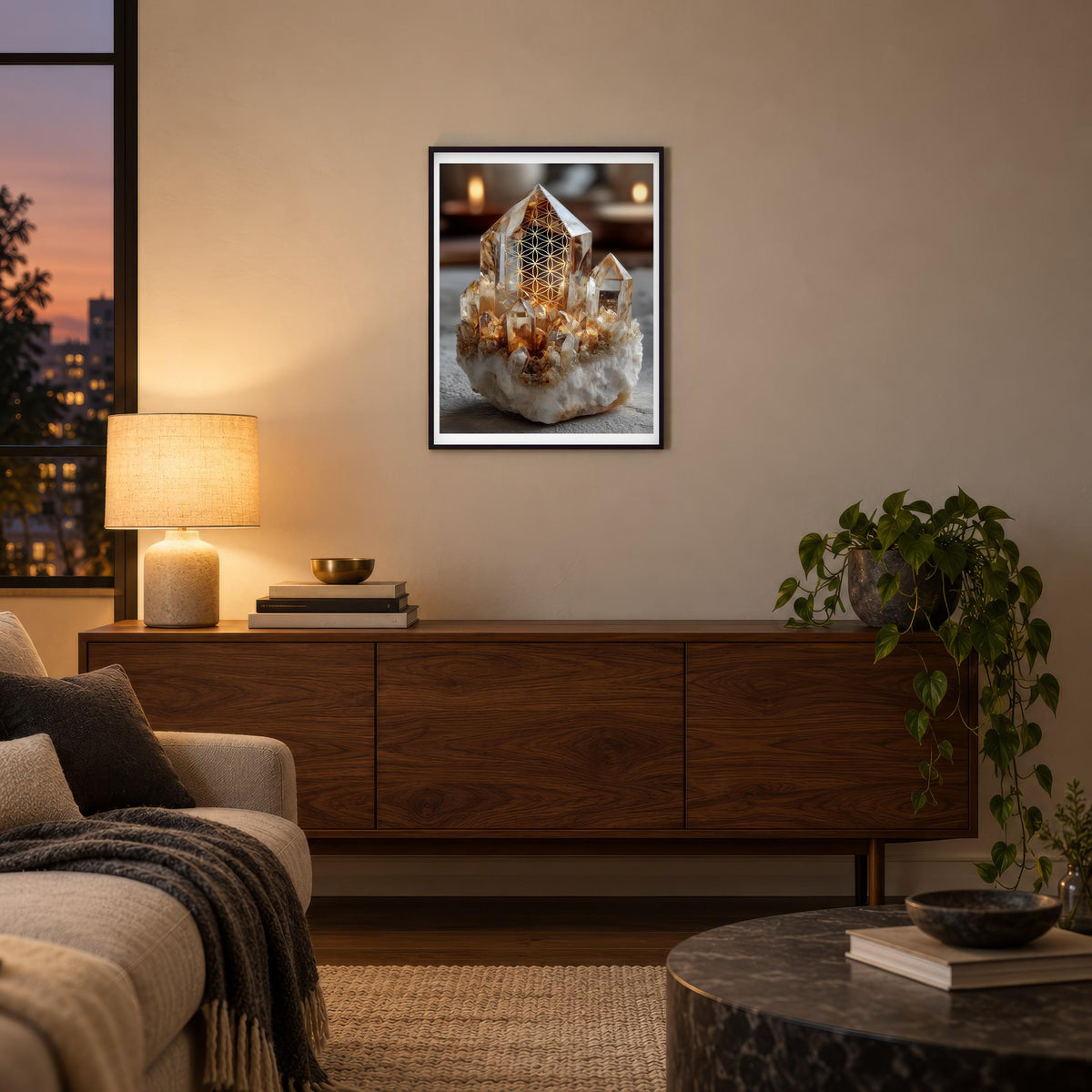 Golden Quartz print framed in a living room at dusk