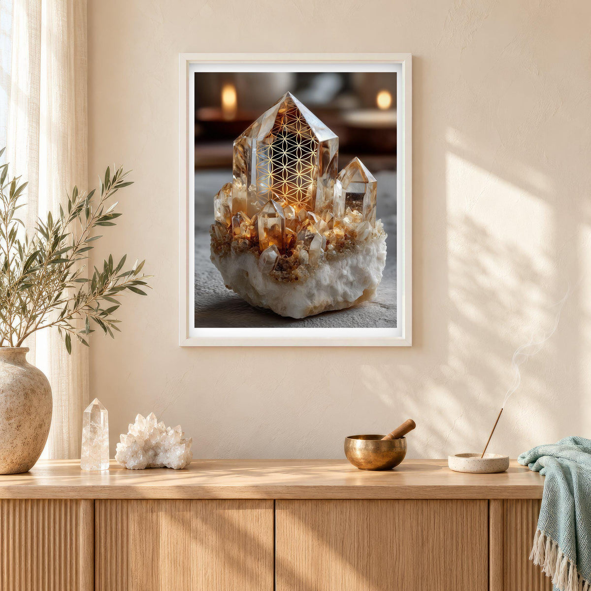 Golden Quartz print in a white frame