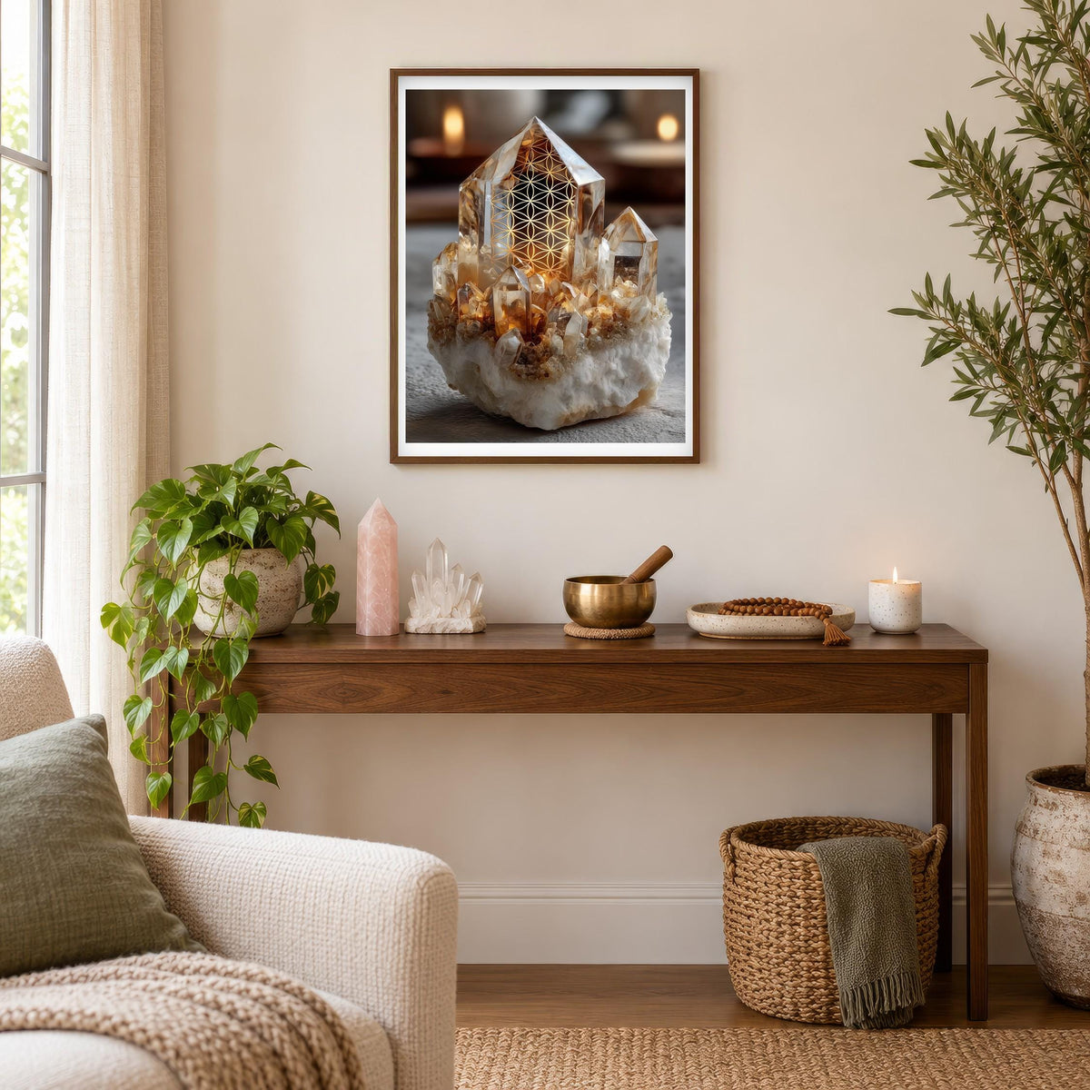 Golden Quartz print framed in a candlelit reading nook