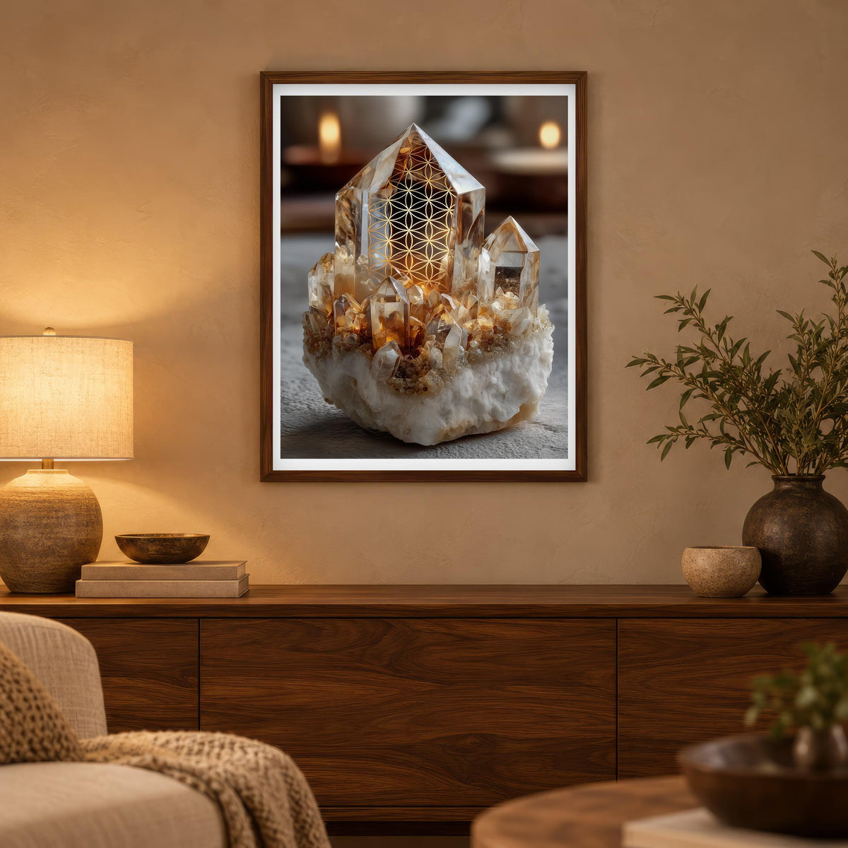 Golden Quartz print in a dark wood frame