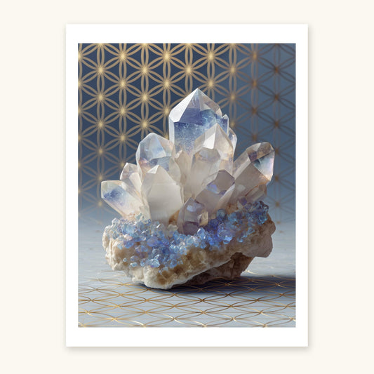 Blue Quartz crystal art print on ivory