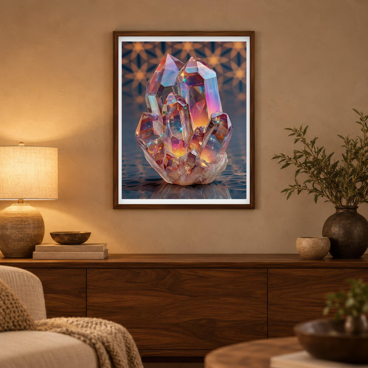 Rainbow Crystal print in a dark wood frame