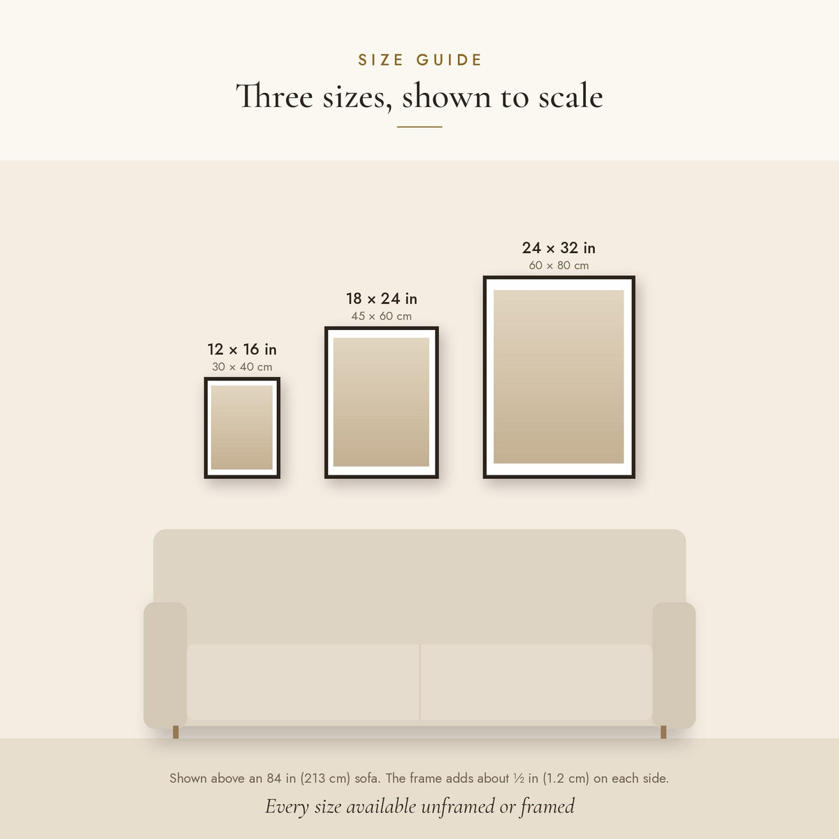 Size guide: 12x16, 18x24 and 24x32 inch prints to scale
