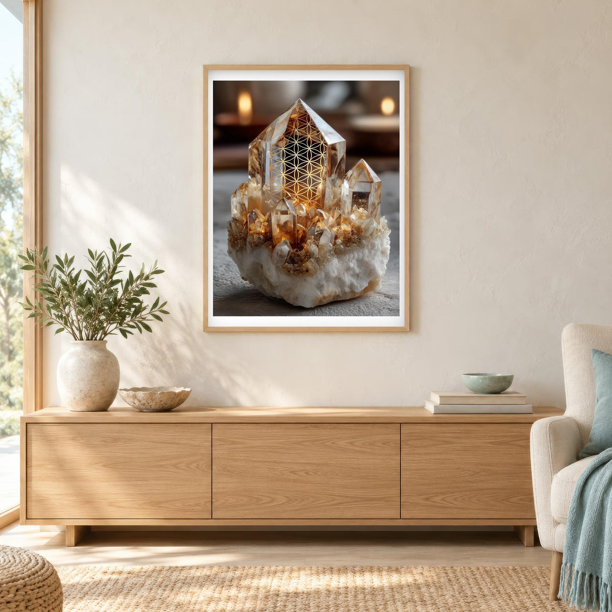 Golden Quartz print in a natural wood frame