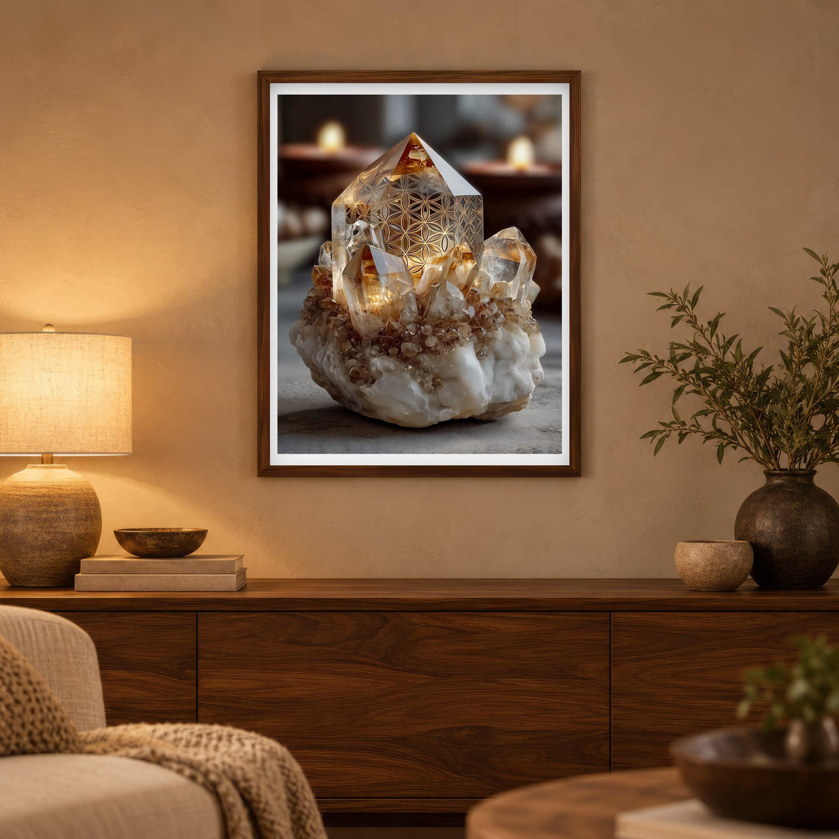 Candlelit Quartz print in a dark wood frame